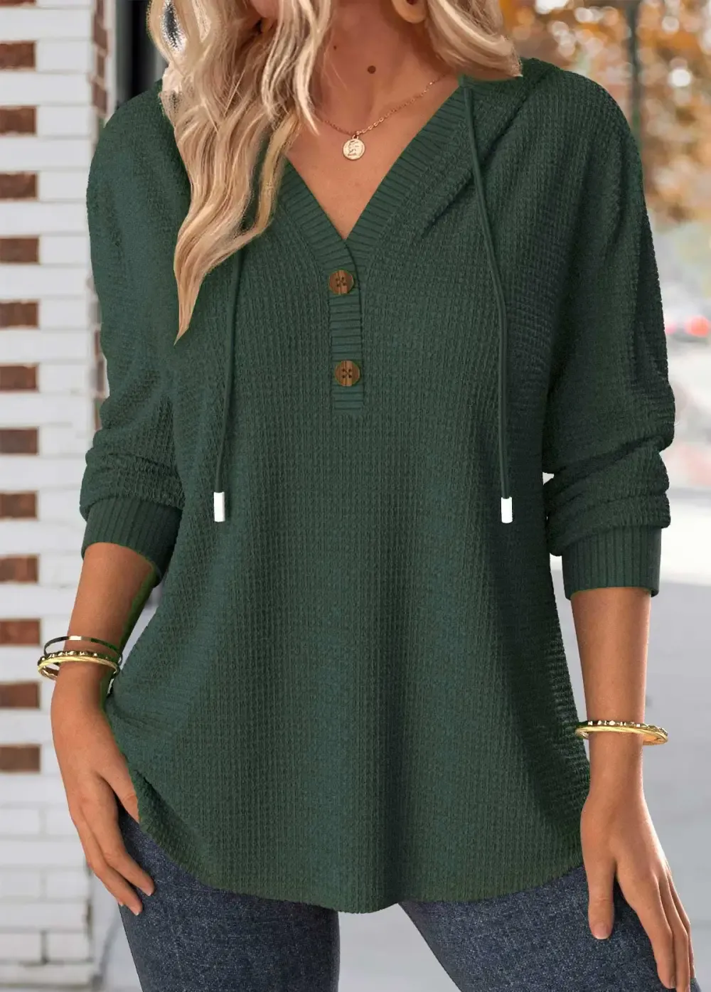 Blackish Green Button Long Sleeve Hoodie