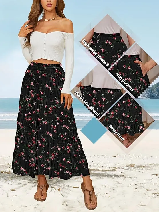 Women's High-Waisted Boho Chiffon Maxi Skirt with Pockets