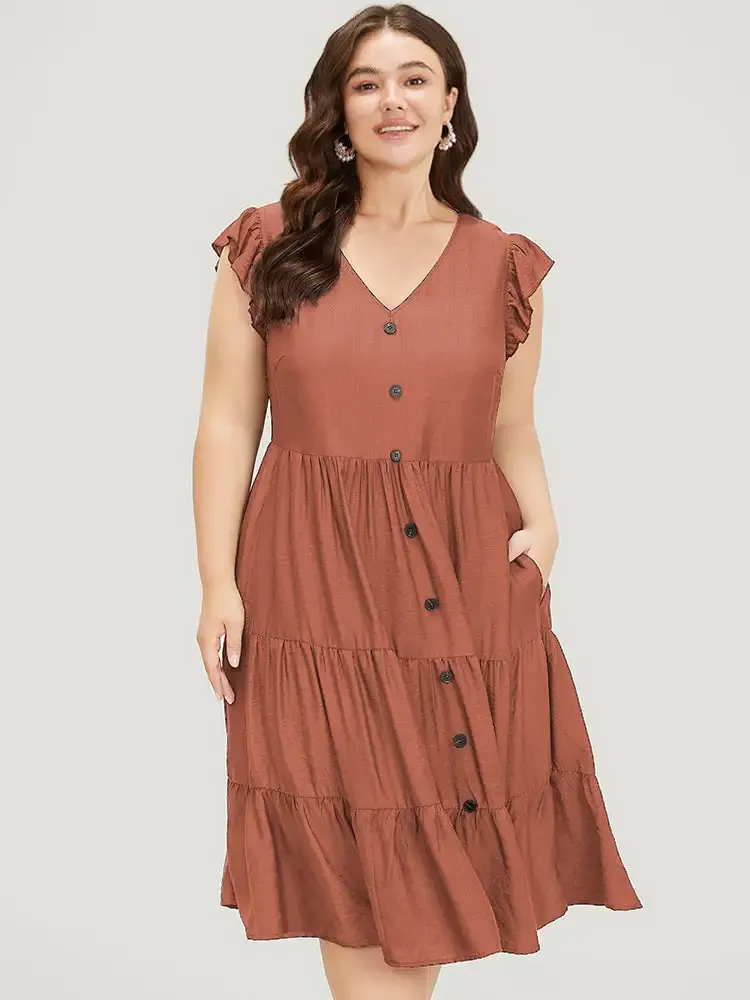 Plain Pocket Button Detail Ruffle Layered Hem Dress