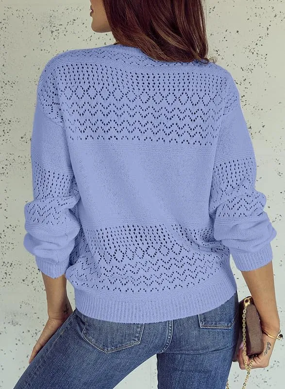 Womens Sweaters Casual Long Sleeve V Neck Lightweight Crochet Pullover Sweater Tops