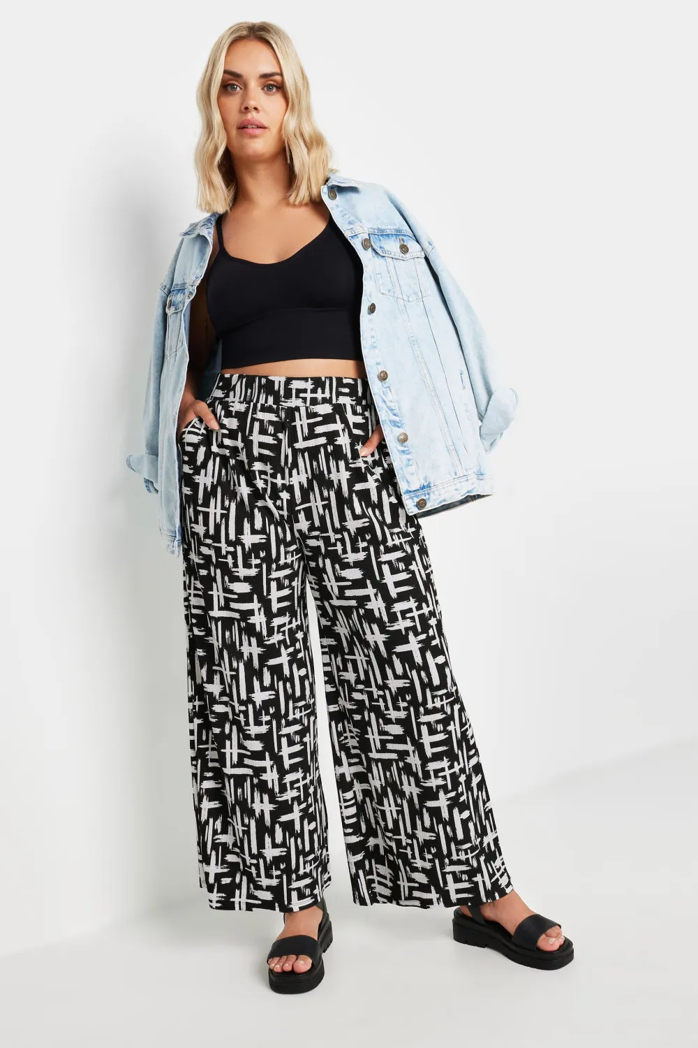 YOURS Curve Blue Abstract Print Textured Wide Leg Trousers