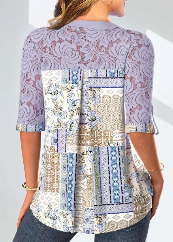 Dusty Purple Patchwork 3/4 Sleeve Split Neck Blouse