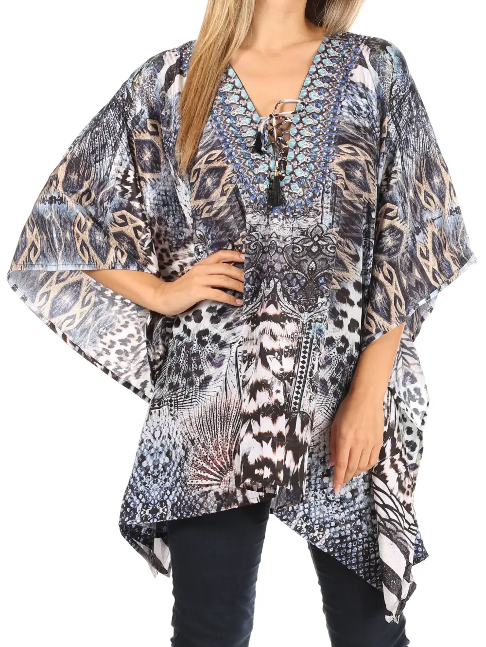 Women's Caftan Poncho Cover up V neck Top Lace up With Rhinestone