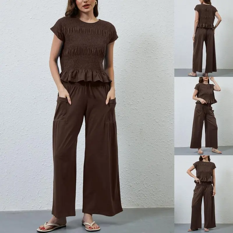 Women’s Smocked Top & Wide-Leg Pants Set – High-Waisted Lounge Outfit with Pockets