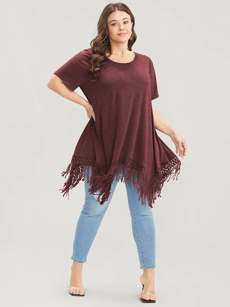 Solid Round Neck Lace Fringe Hem T-shirt