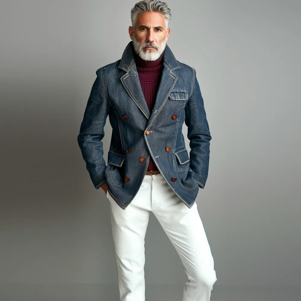 Men's Business Denim Notch Lapel Buttons Flap Pocket Blazer