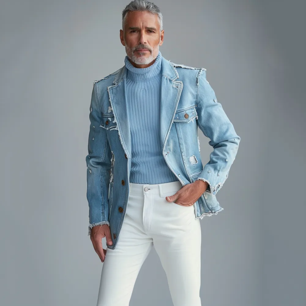 Men's Casual Lapel Collar Single Breasted Ripped Denim Raw Trim Jacket