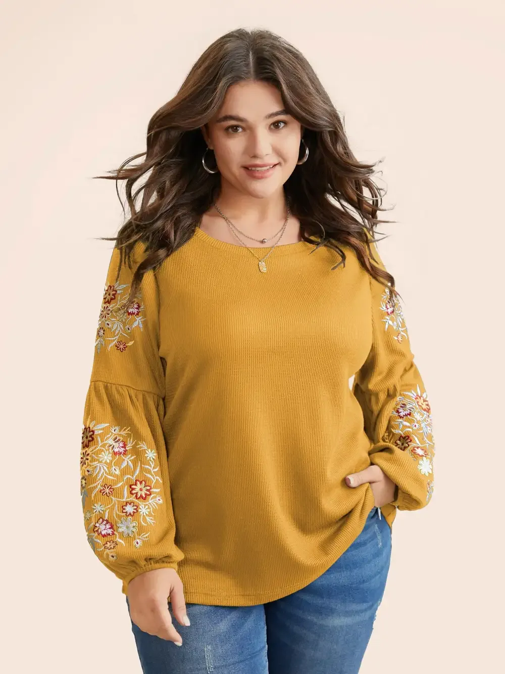 Waffle Knit Floral Embroidered Lantern Sleeve T-Shirt