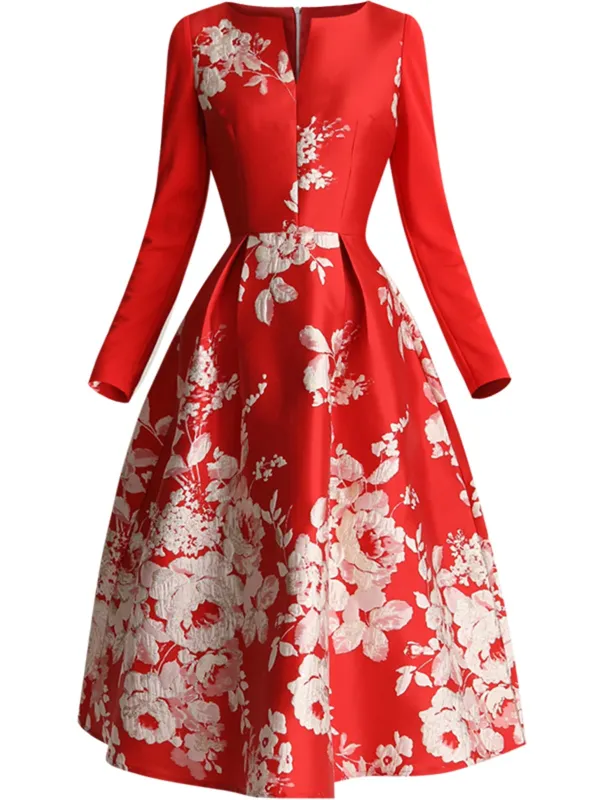 Printed Floral A-line Elegant Midi Dress