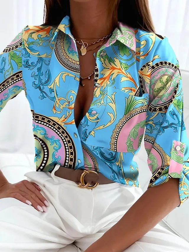 Women's Shirt Boho Shirt Blouse Floral Striped Letter Button Pocket Print Vintage Streetwear Casual Long Sleeve Shirt Collar Black Spring Fall