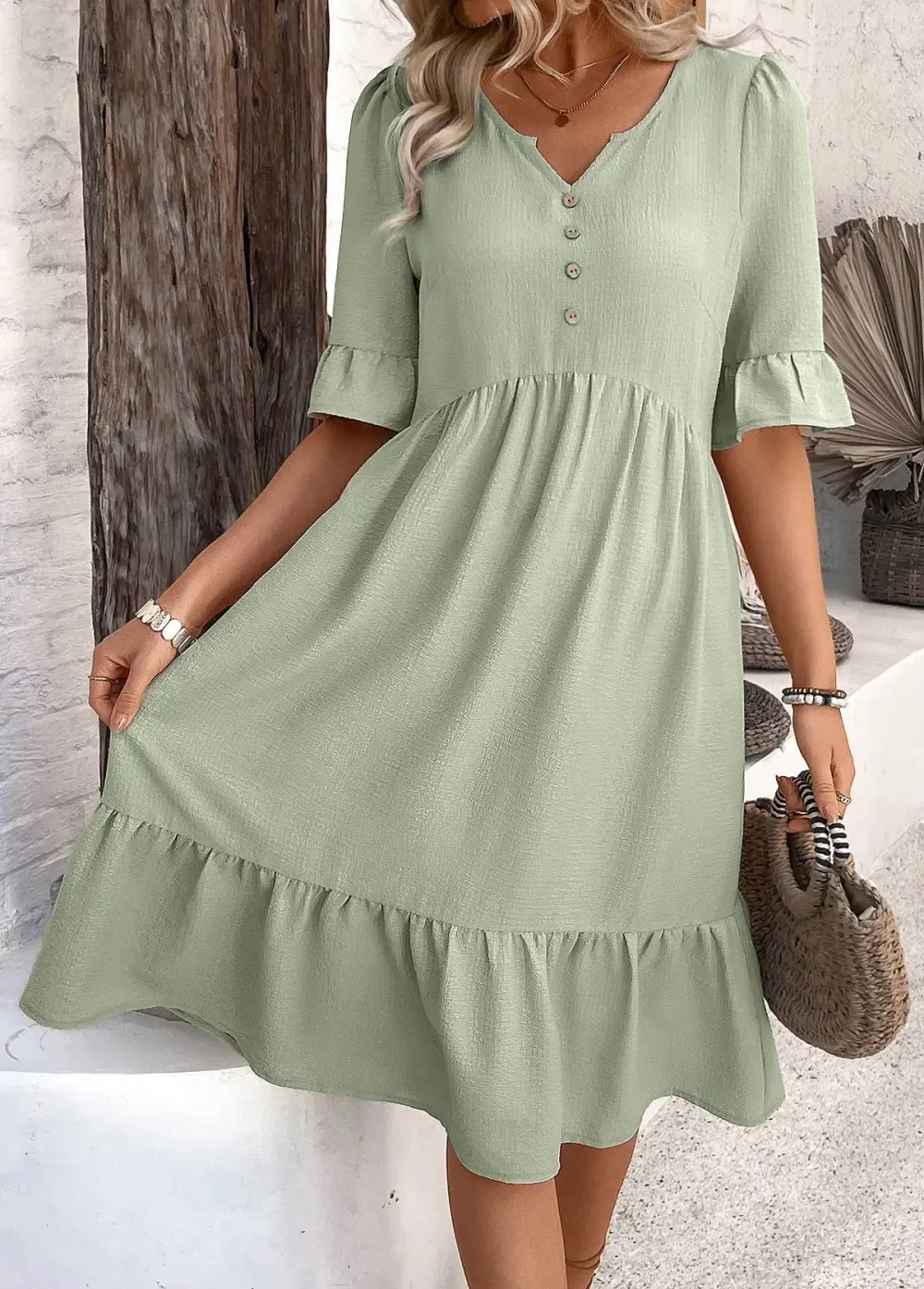 Sage Green Button A Line Half Sleeve Dress