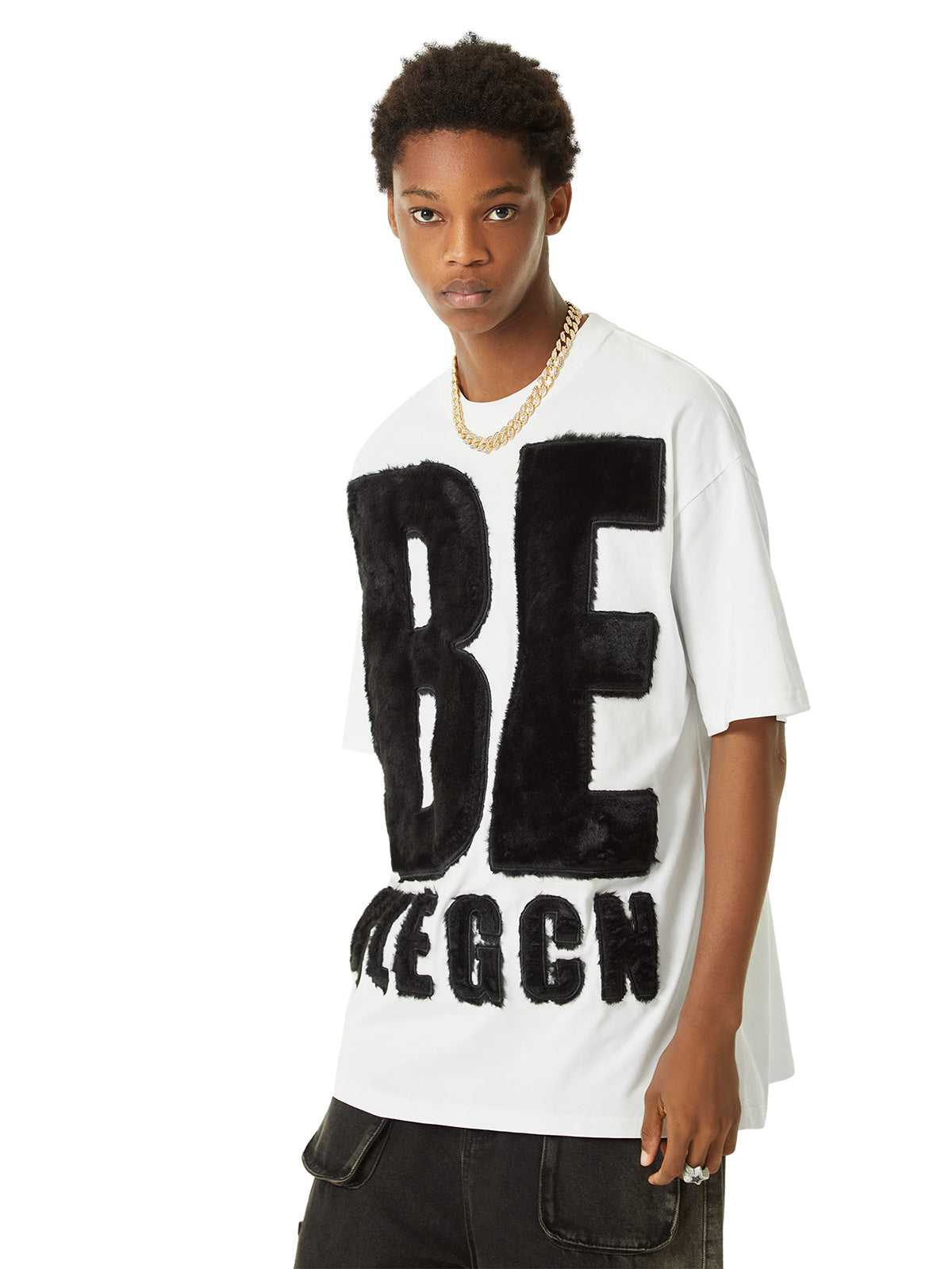 Suede Embroidered Letters Street Rap T-shirt - 2047