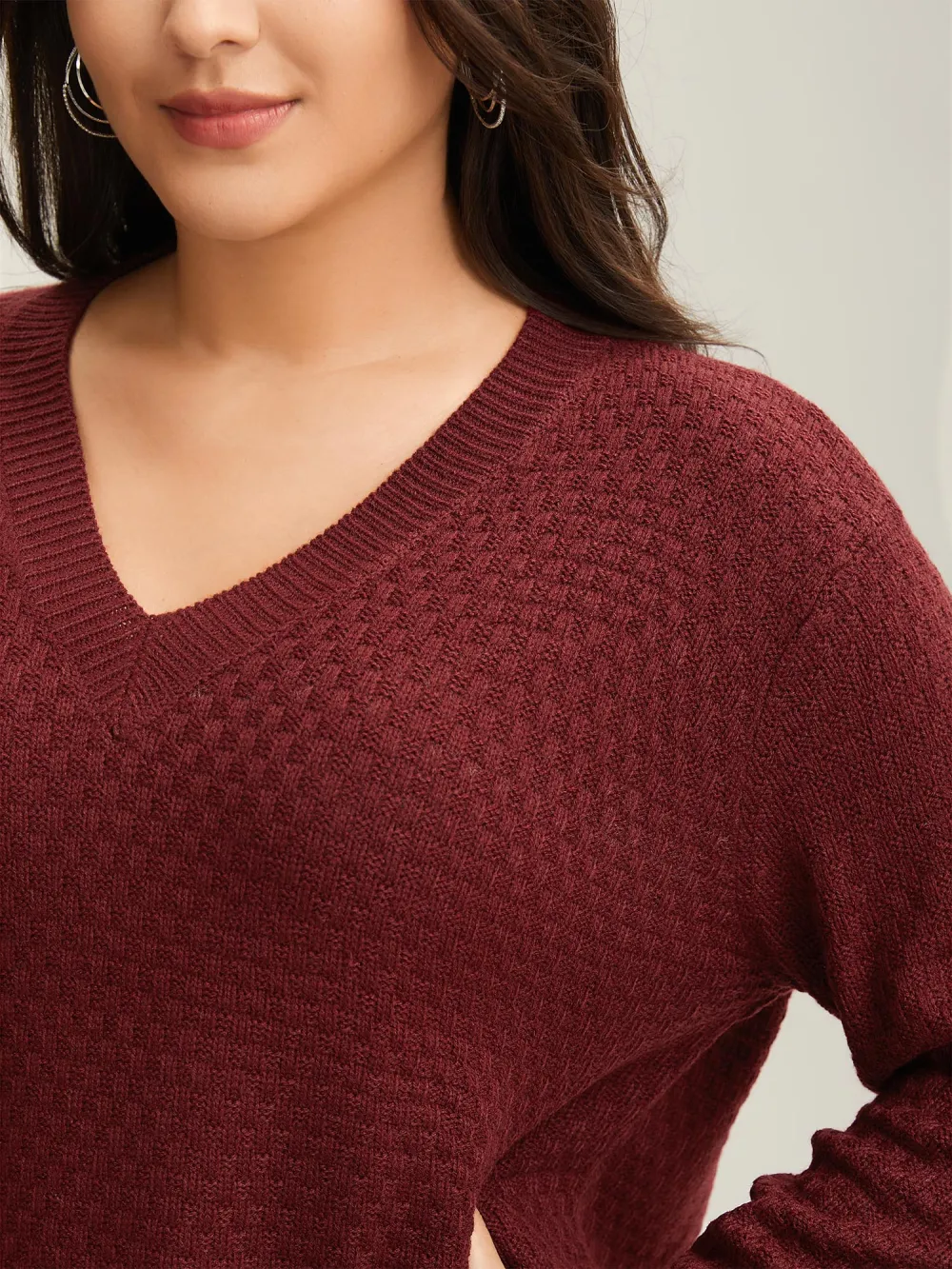 Solid Pointelle Knit V Neck Loose Knit Top