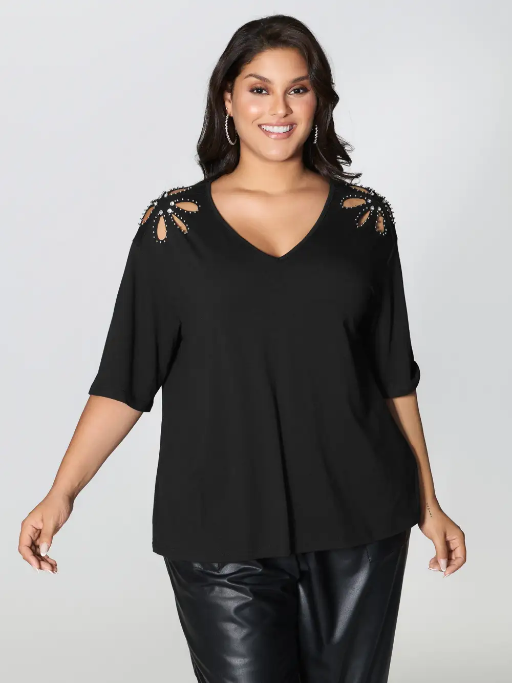 Cut-Out Shoulder Beads T-Shirt