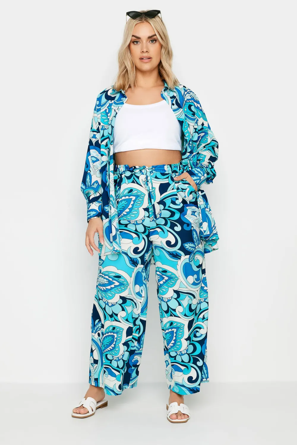 YOURS Curve Blue Abstract Print Drawstring Wide Leg Trousers