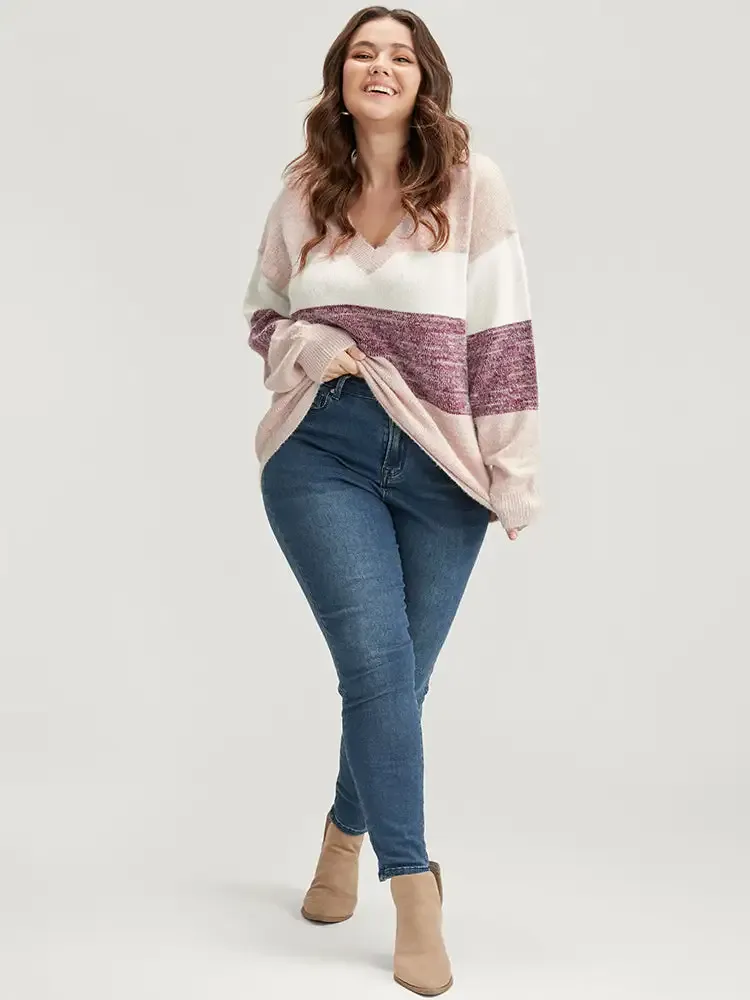 Colorblock Contrast Super Soft Plush Knit V Neck Knit Top