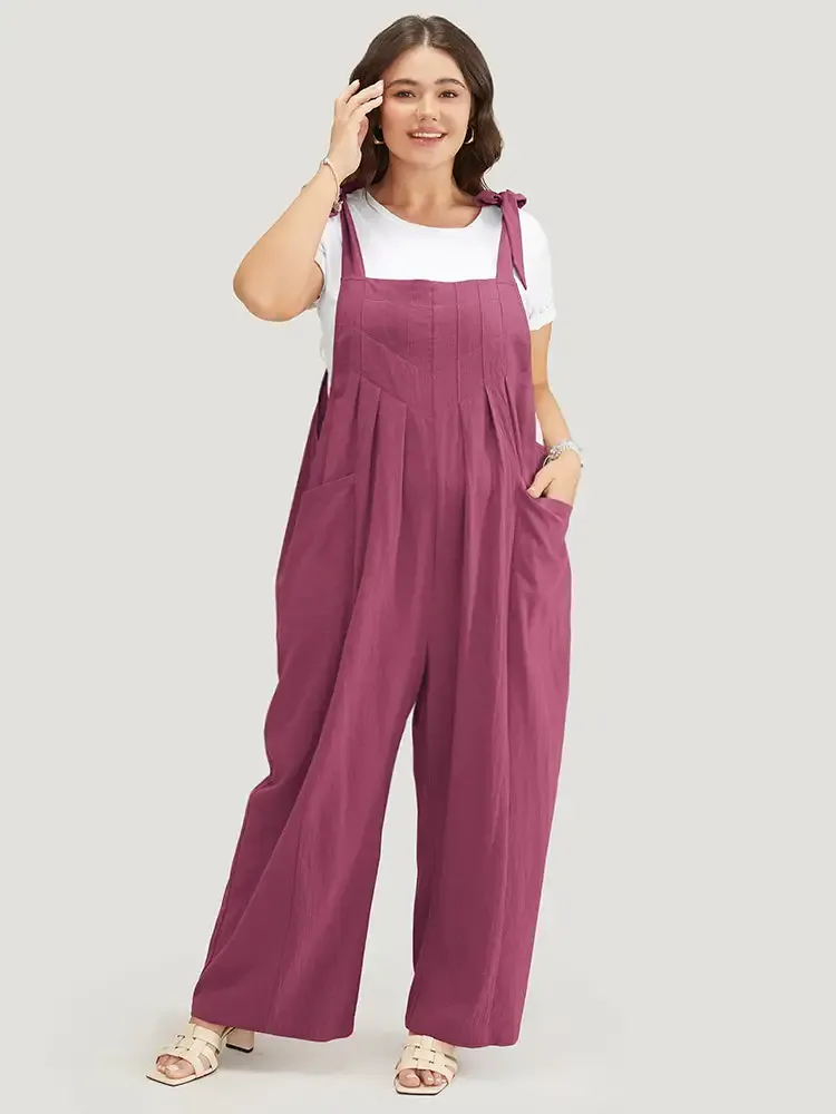 Solid Pleated Detail Pocket Knotted Shoulder Overall Jumpsuit