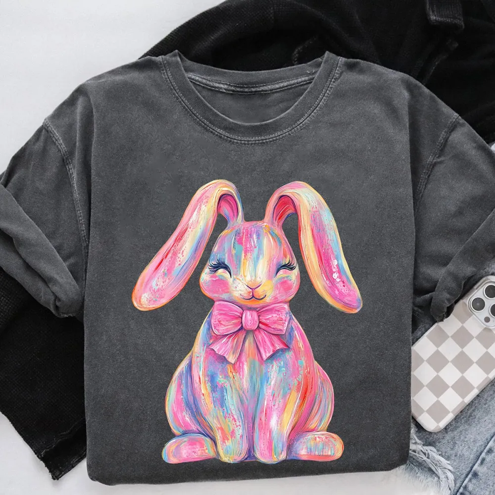 Easter Colorful Bunny Printed Round Neck Short Sleeve T-Shirt
