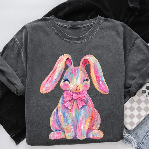 Easter Colorful Bunny Printed Round Neck Short Sleeve T-Shirt