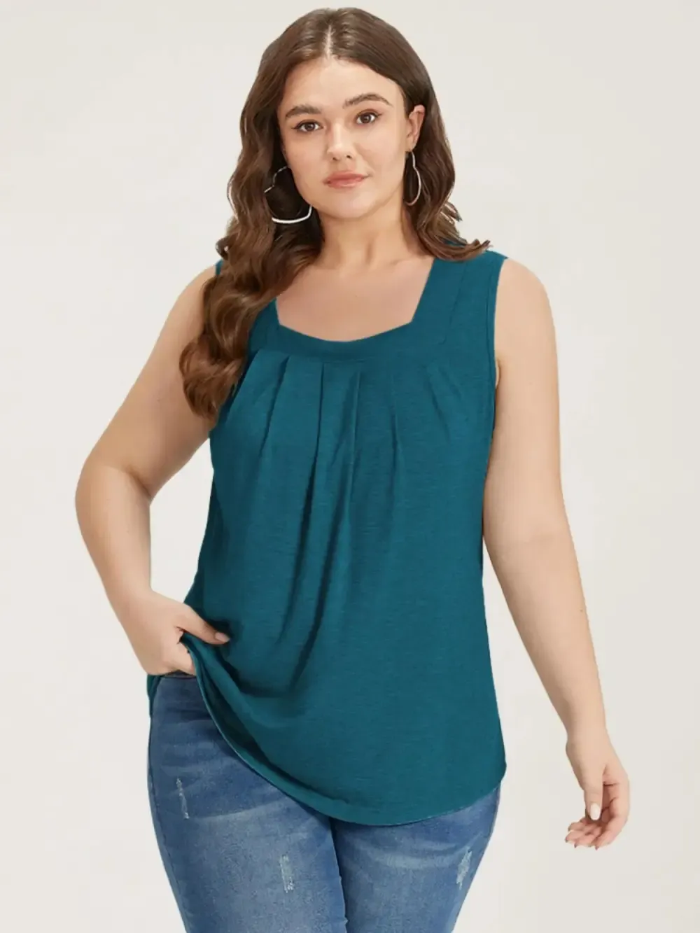 Heather Plicated Detail Square Neck Tank Top