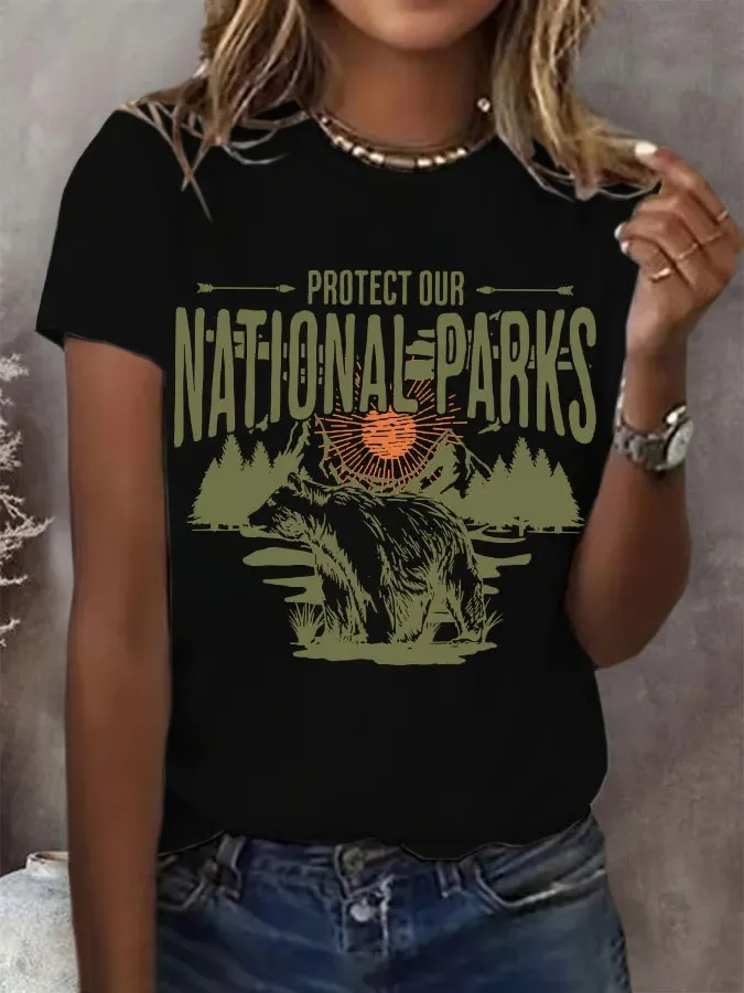 T-Shirt Women Protect Our National Parks Printed Crew-Neck T-Shirt Theme Printed Short Sleeve