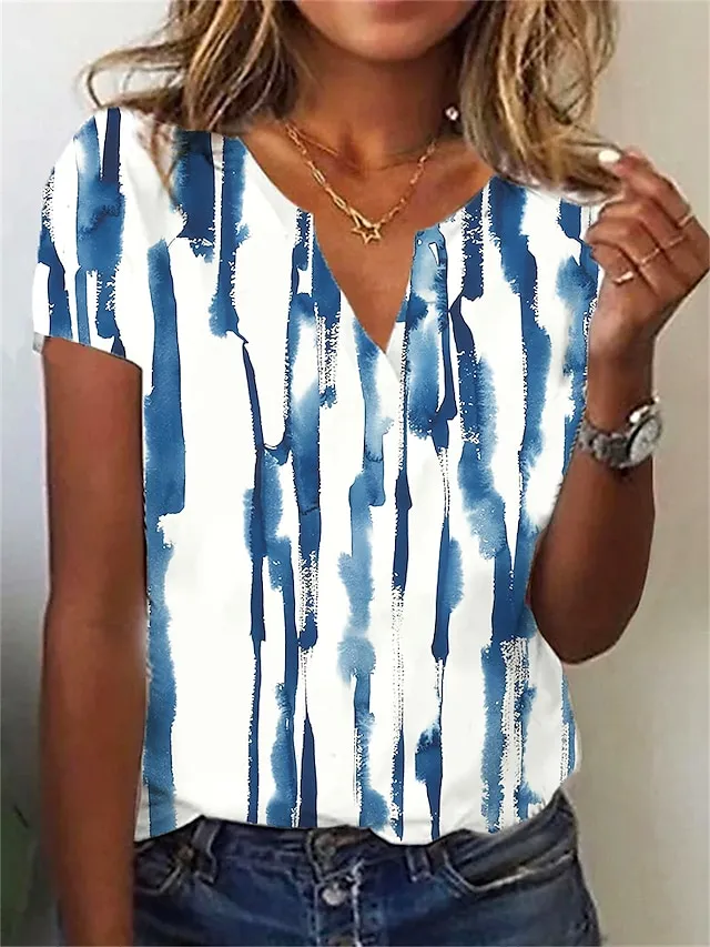 Women's T shirt Tee Henley Shirt Leaf Holiday Weekend White Pink Navy Blue Print Short Sleeve Basic V Neck Regular Fit