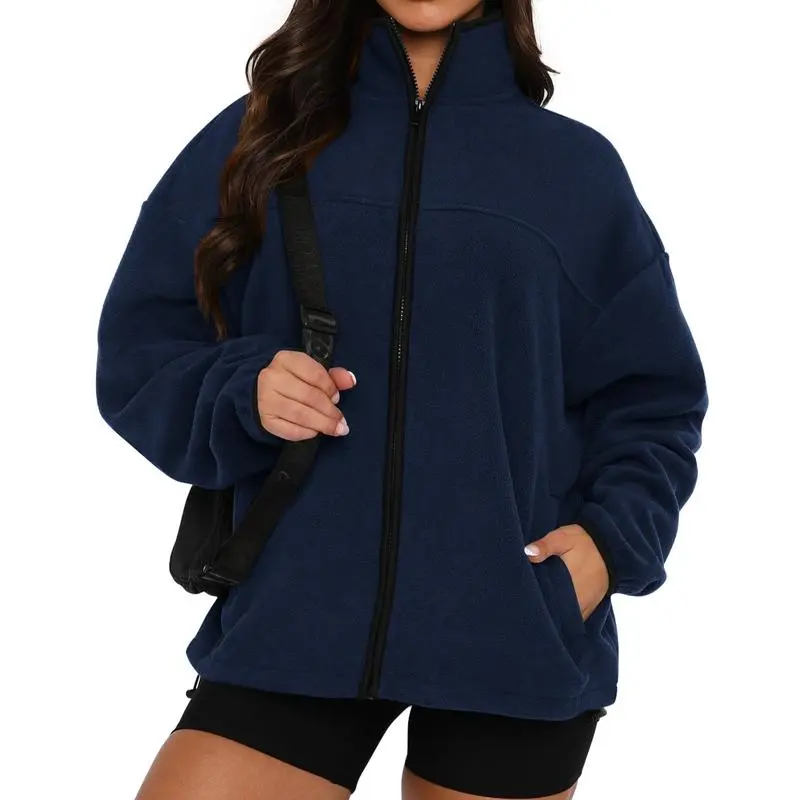 Women’s Fleece Zip-Up Jacket – Baggy Stand Collar with Pockets, Fall/Winter