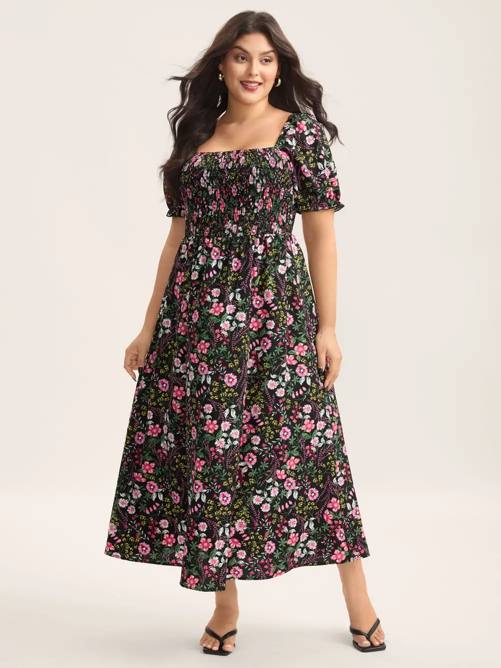 Shirred Floral Print Pockets Maxi Dress