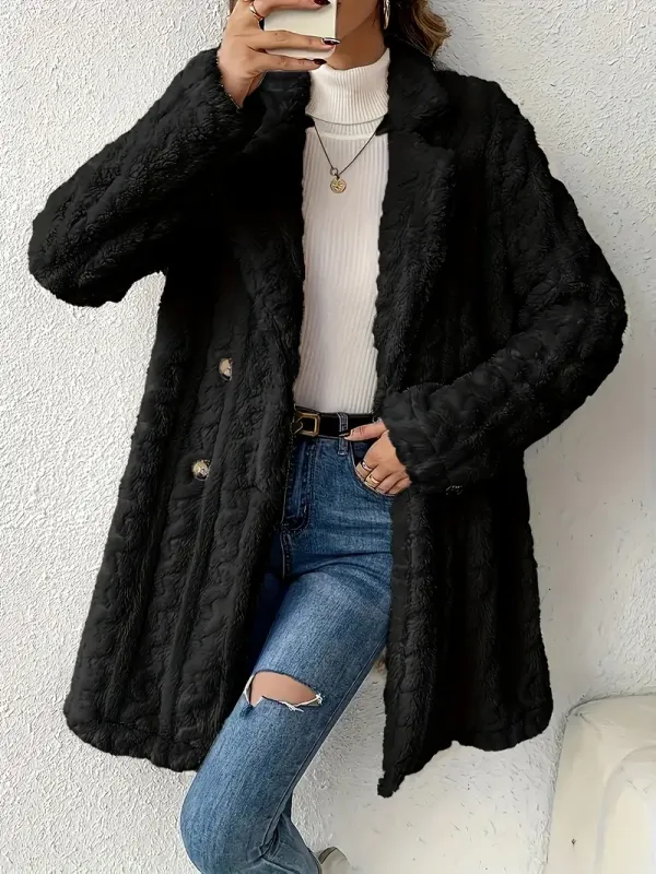Double Breasted Lapel Teddy Coat, Versatile Long Sleeve Textured Thermal Winter Outerwear