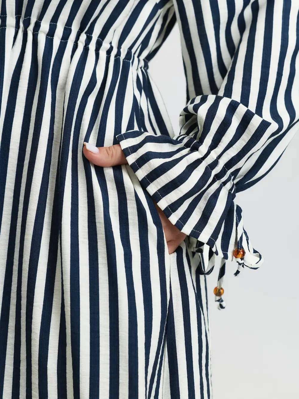 Rayon Stripe Pockets Drawstring Midi Dress