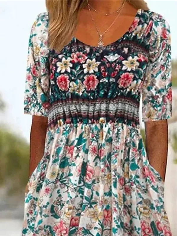 Women's Casual Dress Summer Dress Boho Dress Floral Ruched Pocket Crew Neck Midi Dress