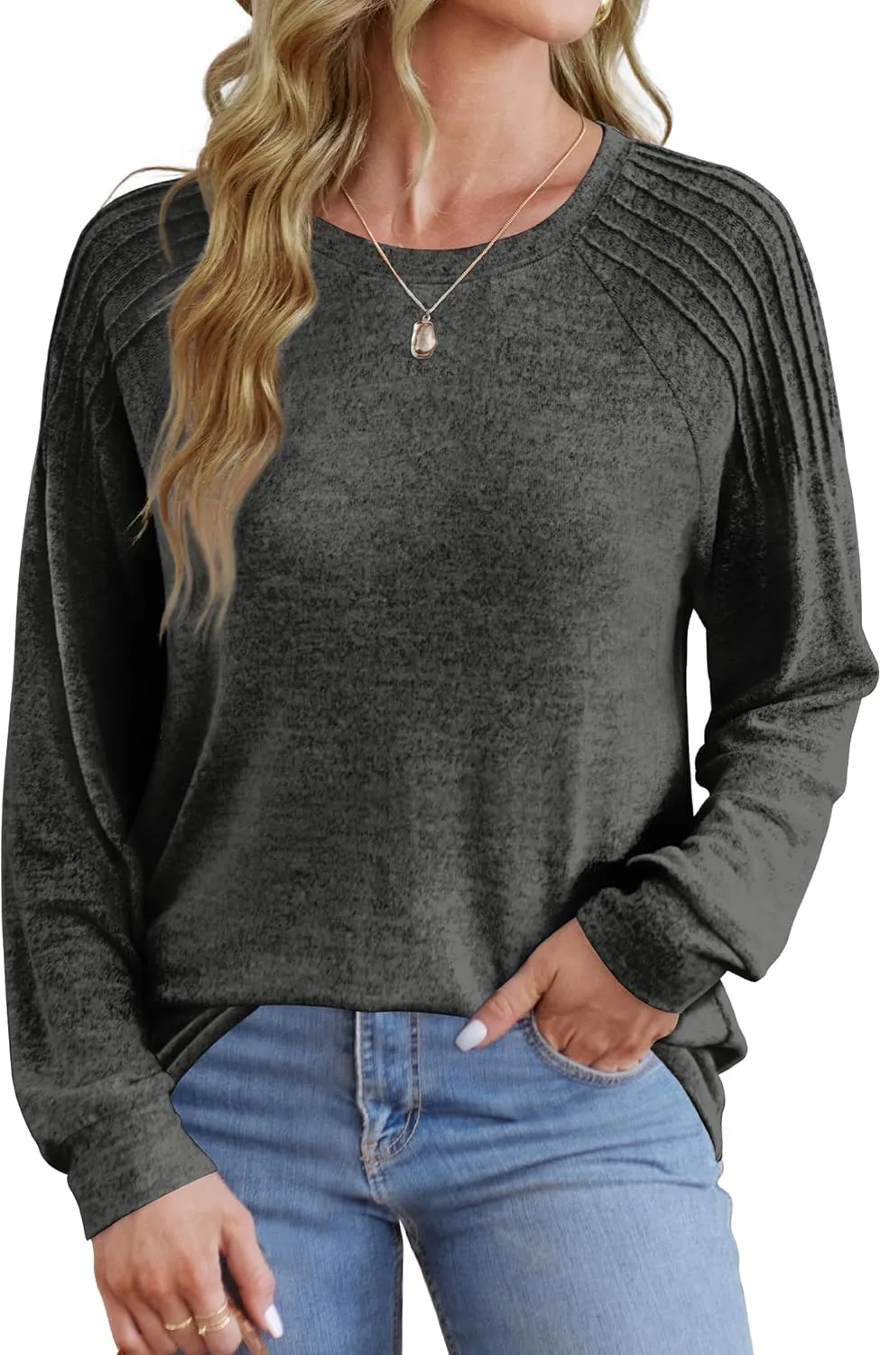 Sweatshirt for Women Crewneck Pleated Long Sleeve Shirts Tunic Tops Fashion 2024