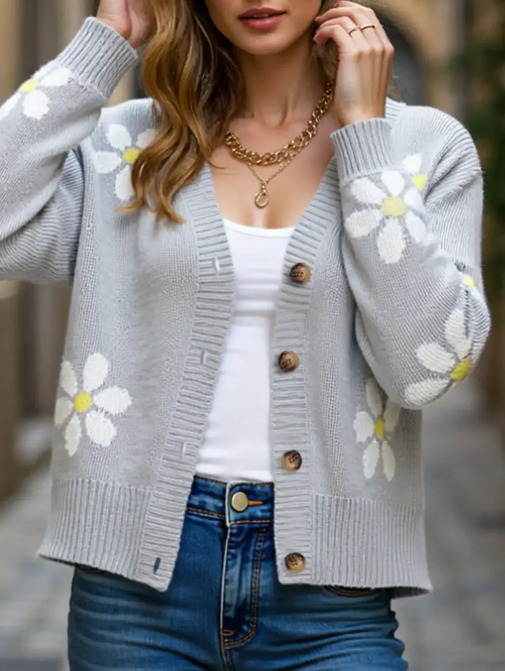 Fall Floral Button Varsity Sweater Jacket