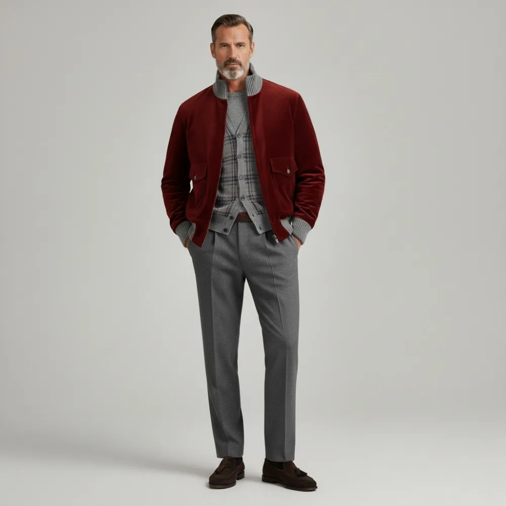 Men's Burgundy Stand Collar Long Sleeve Flap Pocket Zipper Velvet Jacket