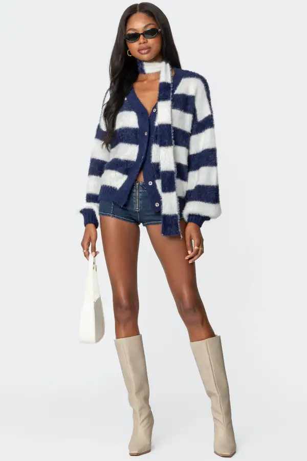 Striped Two Piece Knit Scarf Cardigan