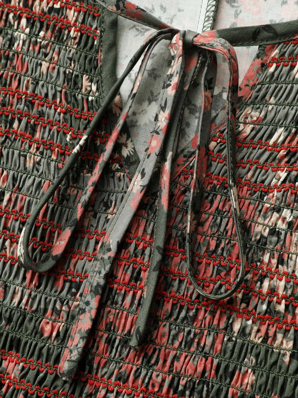 Floral Patchwork Shirred Pockets Midi Dress