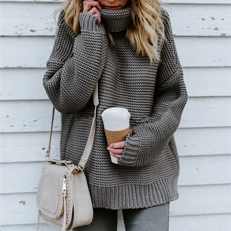 Solid Color High Neck Pullover Knitted Sweater