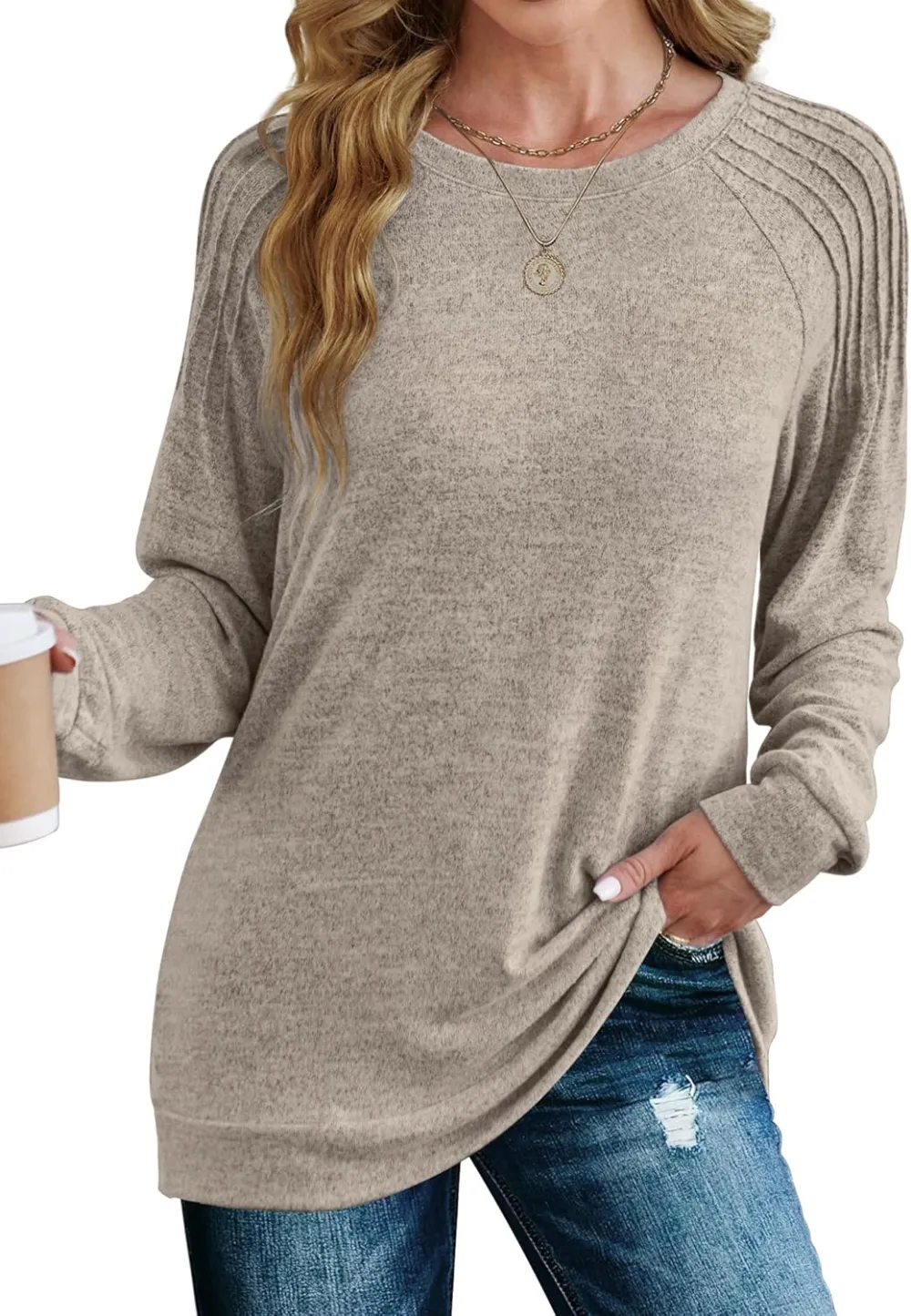 Sweatshirt for Women Crewneck Pleated Long Sleeve Shirts Tunic Tops Fashion 2024