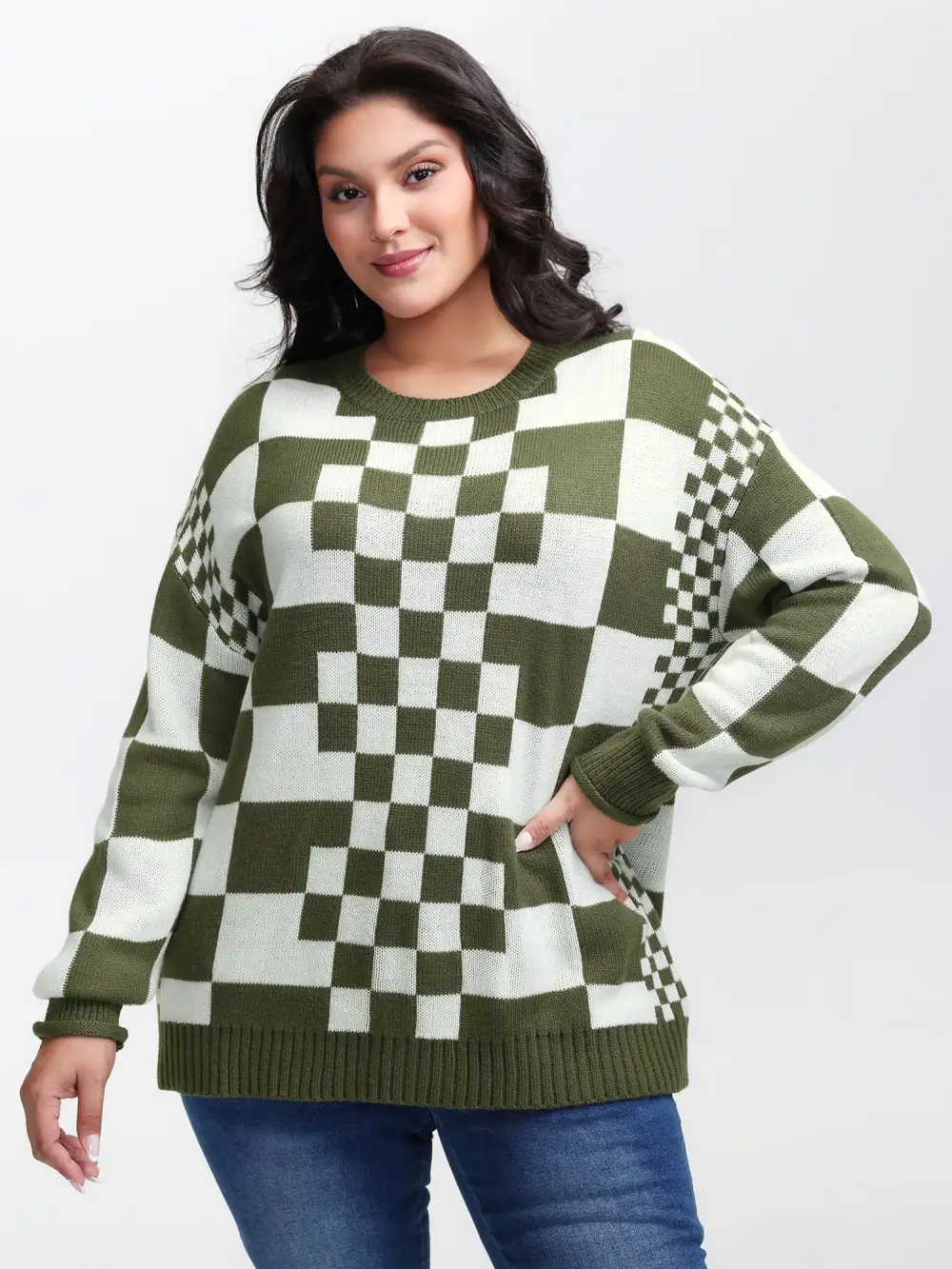 Colorblock Checkered Print Pullover