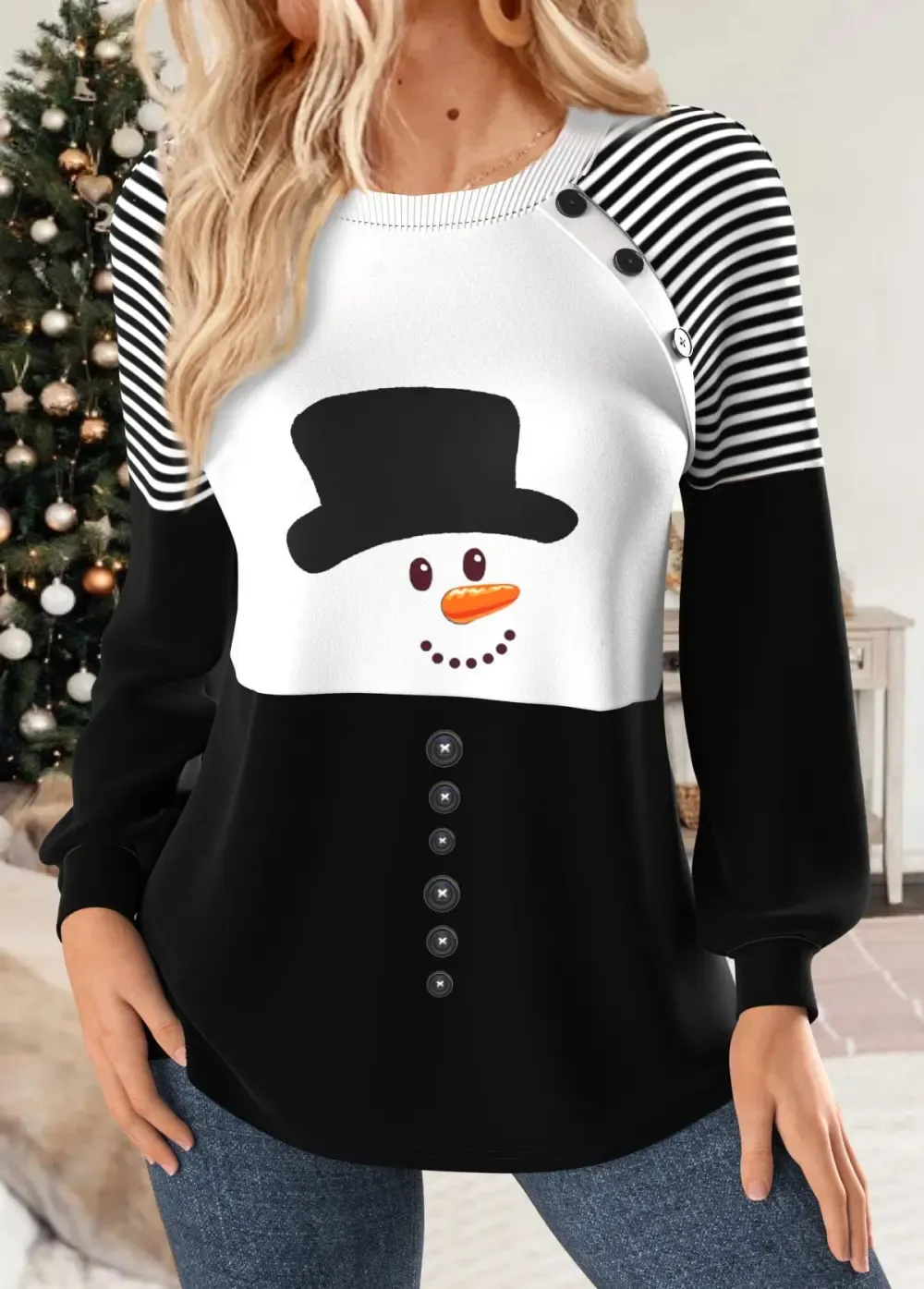 Christmas Black Patchwork Snowman Print Long Sleeve Sweatshirt