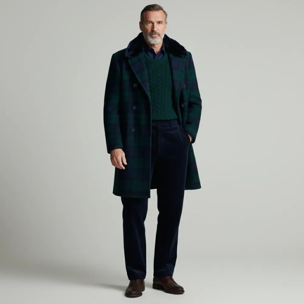 Men's Business Green Plaid Double Breasted Furry Collar Long Sleeve Overcoat