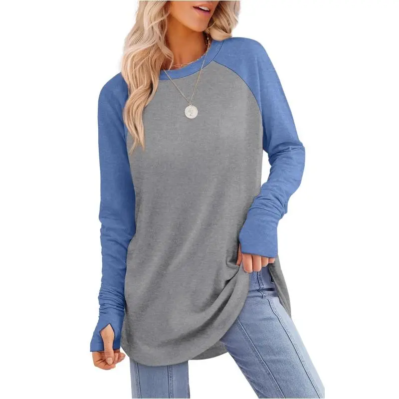 Womens Tunic Tops to Wear with Leggings Long Sleeve Thumb Hole Shirts Crew Neck Curved Hem