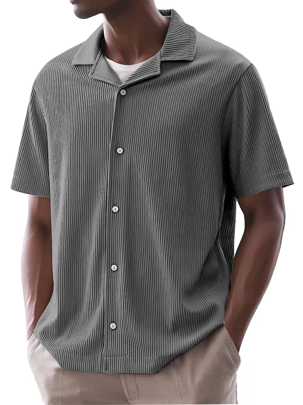 Men's Daily Simple Solid Color Ribbed Cuban Collar Short-sleeved Shirt