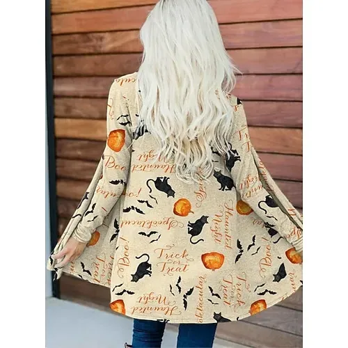 Halloween Women's Coat Lightweight Comfortable Pumpkin Print Vintage Artistic Casual Skull Casual Long Collarless Regular Fit Long Sleeve Outerwear Black White Pink Spring Fall