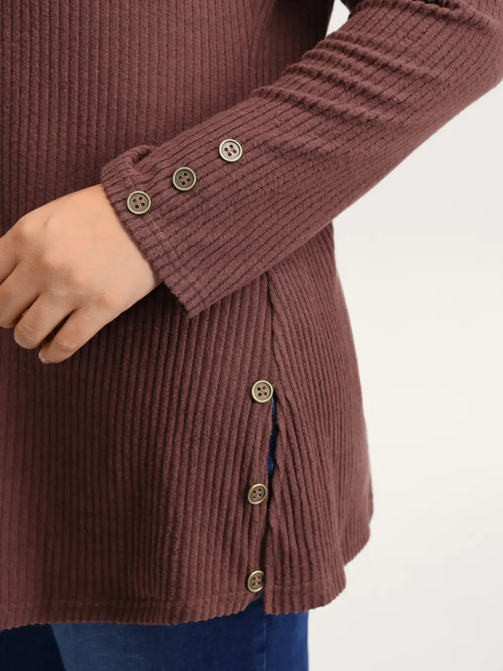 Stretchy Brushed Ribbed Button Detail T-Shirt