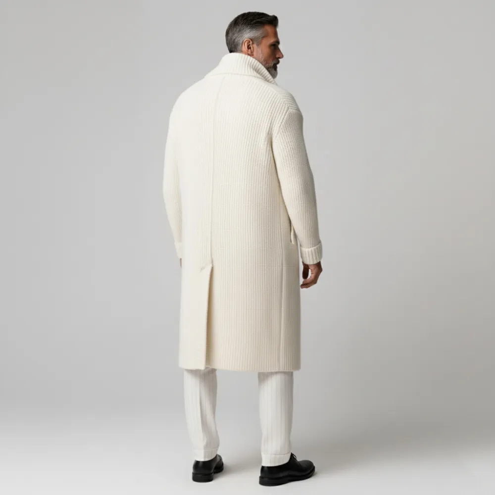 Men's Off White Ribbed Knit Turndown Collar Long Sleeve Button Mid-Length Sweater Overcoat
