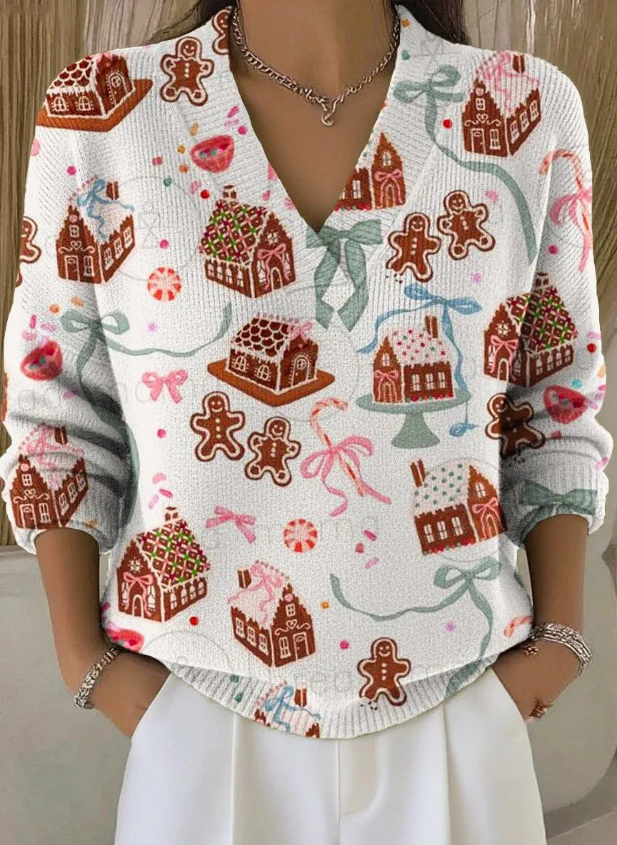 V Neck Christmas Tree Casual Loose Sweater