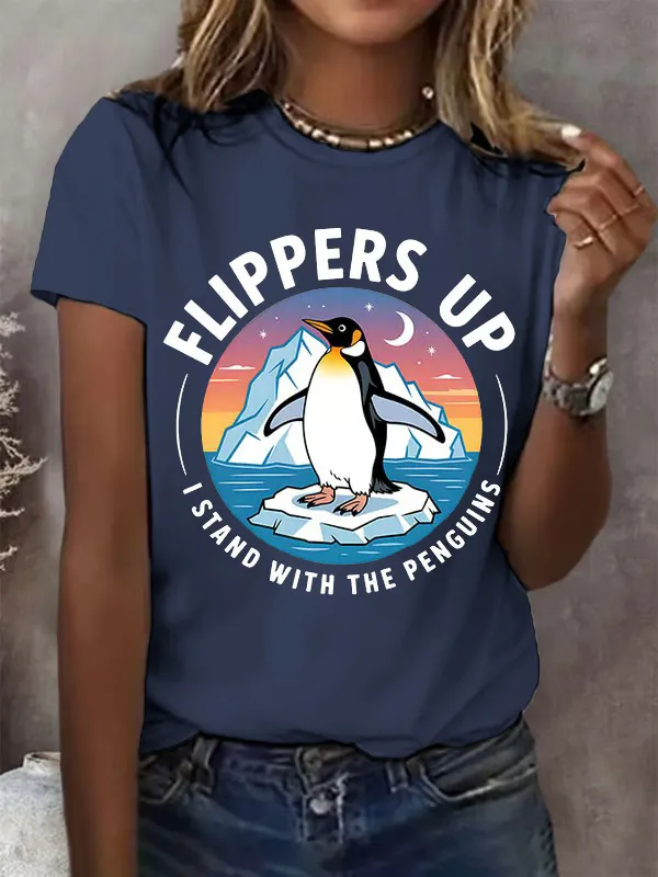 Women'S T-Shirt Women's Penguins Flippers Up Print Round Neck T-Shirt