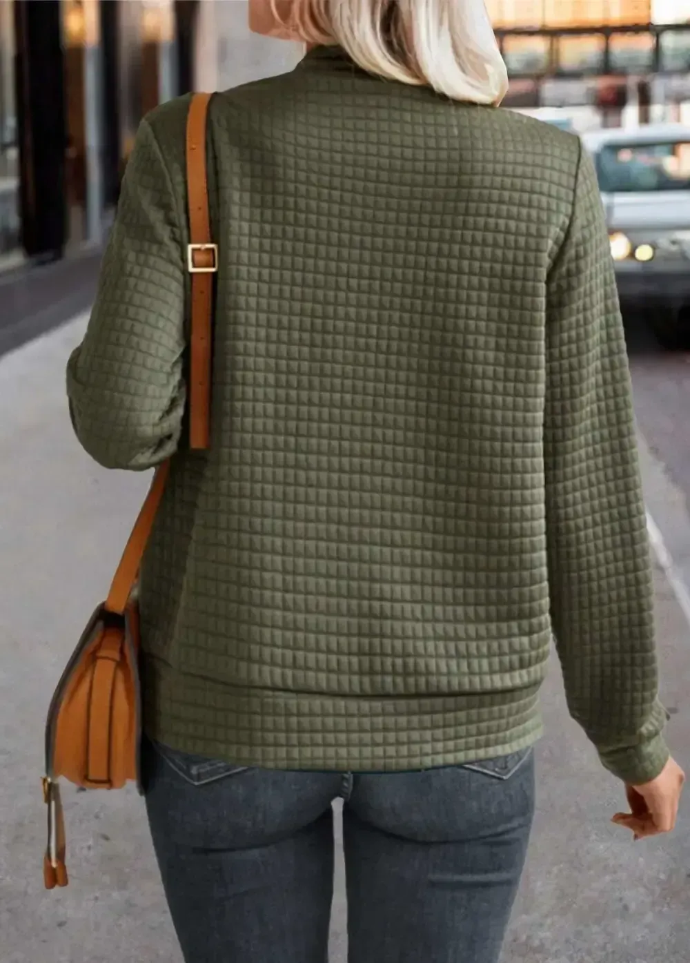 Olive Green Jacquard Long Sleeve Stand Collar Jacket