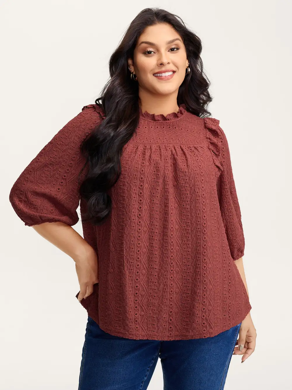 Textured Ruffled Neck Pleated Blouse